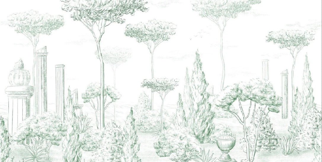 Roman style wallpaper pine forest green