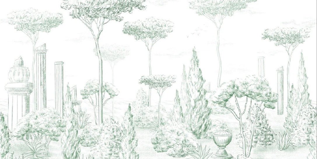 Roman style wallpaper pine forest green
