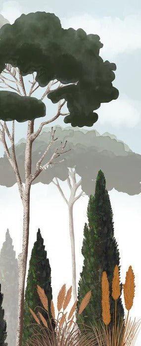 Custom wallpaper featuring cypress trees, pine trees, and pampas grass