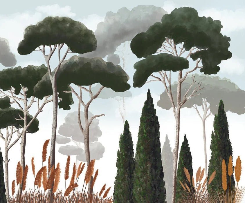 Custom wallpaper featuring cypress trees, pine trees, and pampas grass