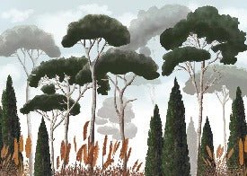 Custom wallpaper featuring cypress trees, pine trees, and pampas grass