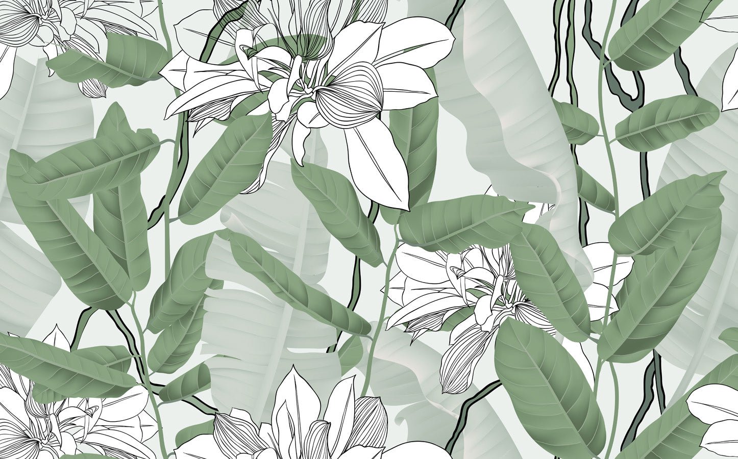 Papier peint toilette feuillage nature vert fleur NB, mural concept, tendance