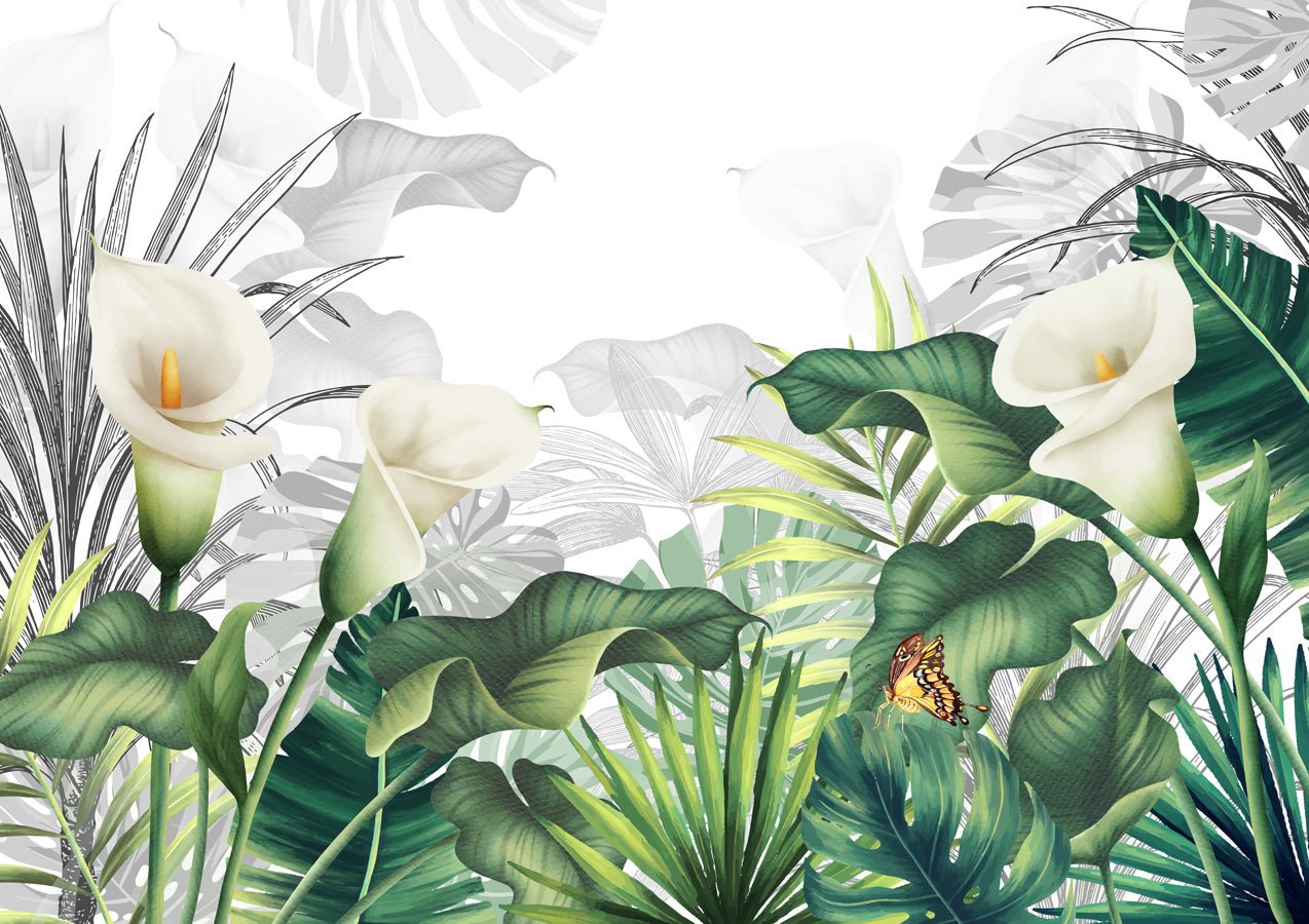 Papier peint salle de bain nature lys blanche, mural concept, tendance