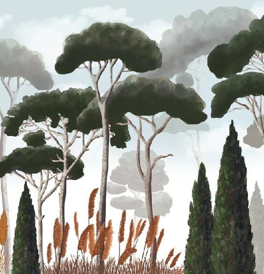 Papier peint sur mesure cyprès pins et herbes de la pampa, mural concept, tendance