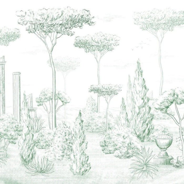 Roman style wallpaper, green pine forest