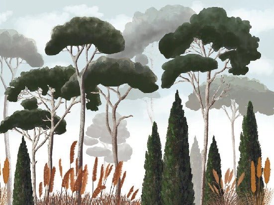 Papier peint sur mesure cyprès pins et herbes de la pampa, XXL, tendance