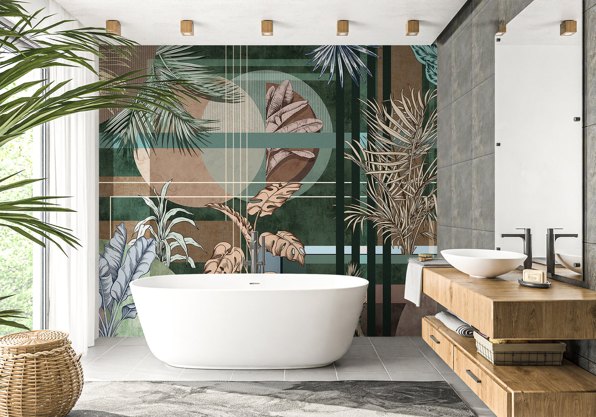 Geometric palms bathroom wallpaper