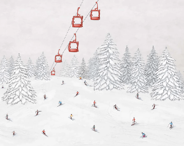 Colorful skiers gondola wallpaper