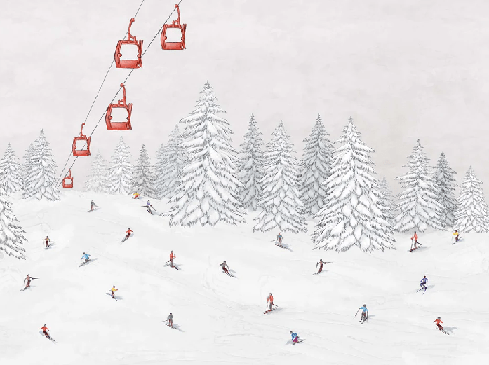 Colorful skiers gondola wallpaper