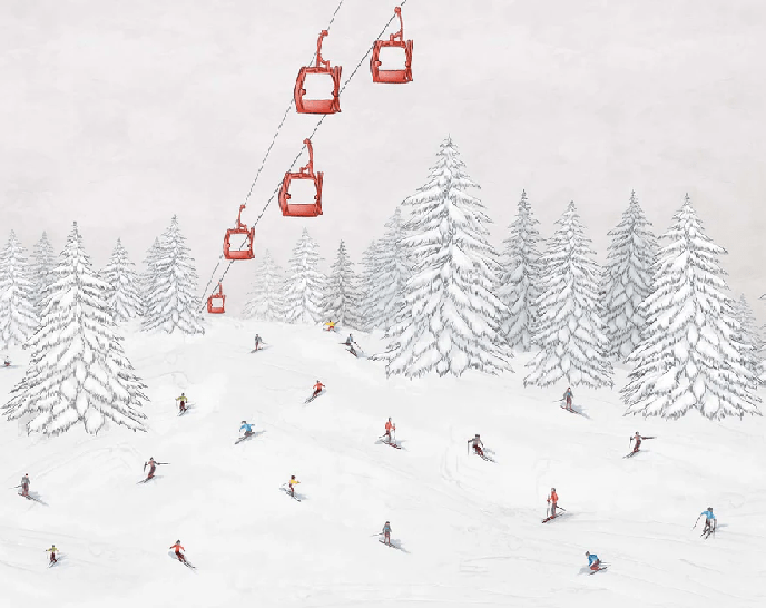 Colorful skiers gondola wallpaper