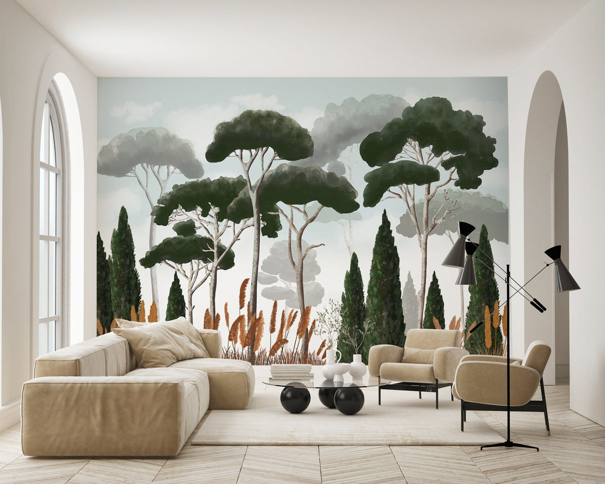 Custom wallpaper featuring cypress trees, pine trees, and pampas grass