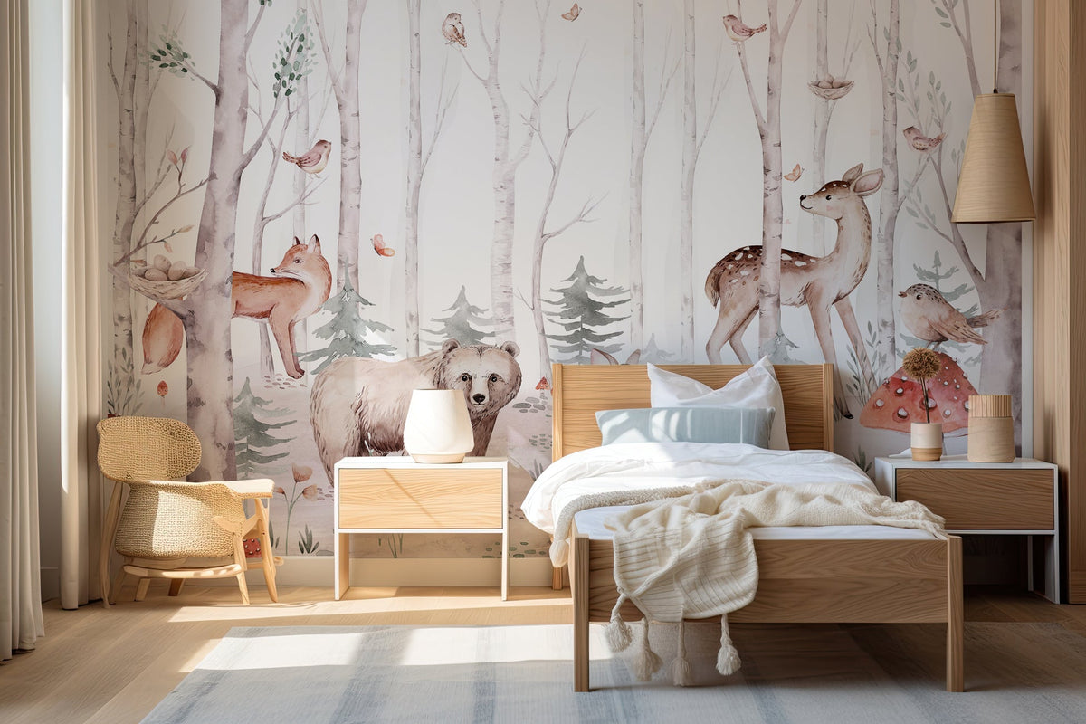 Watercolor wallpaper for children featuring forest animals