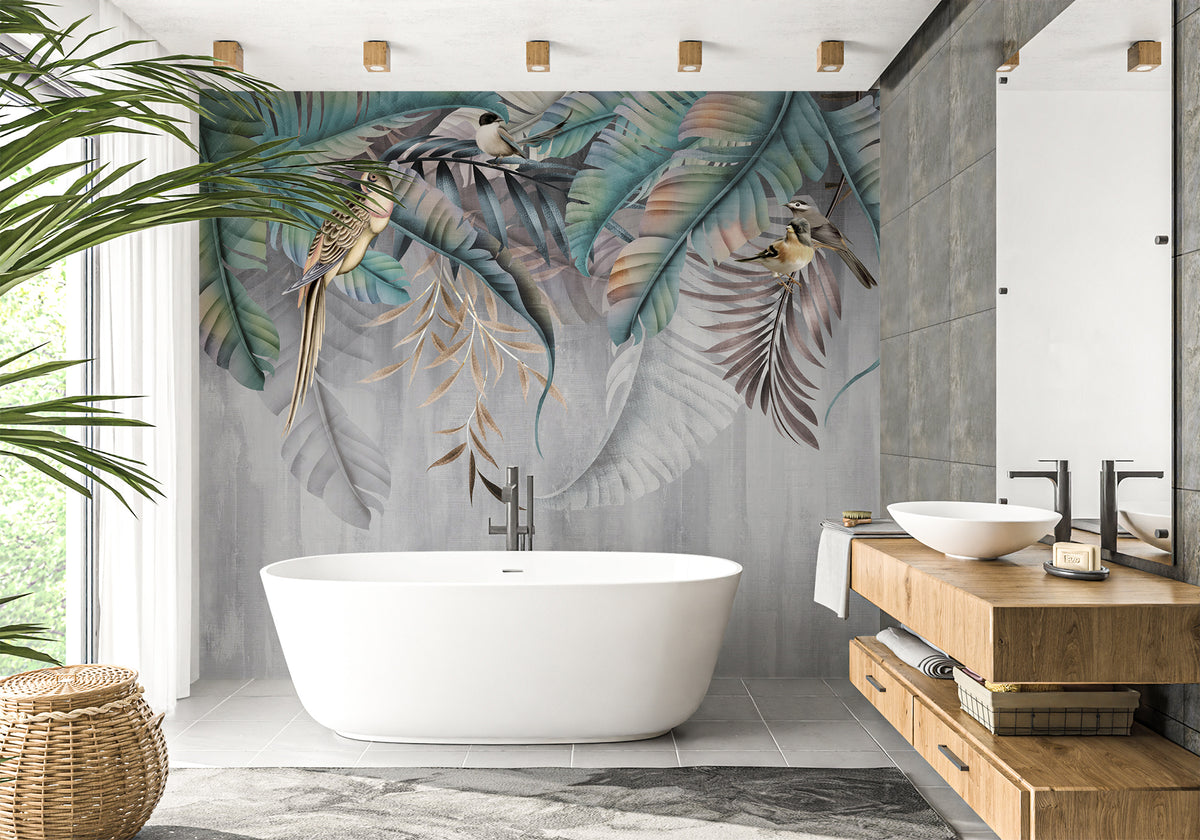 Bathroom wallpaper Leaves & Birds