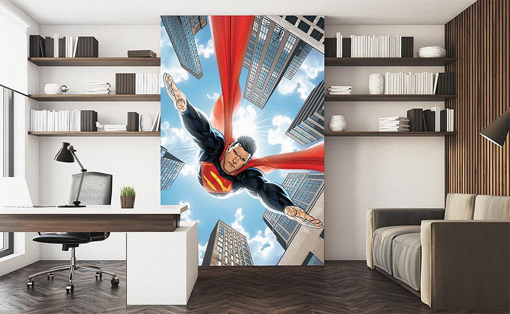 Panoramic wallpaper hero superman comics fly over vintage city