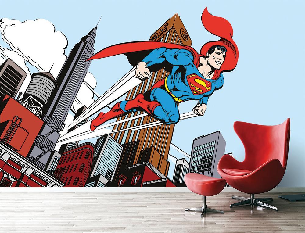 Hero superman comic book vintage jump out of town panoramic wallpaper