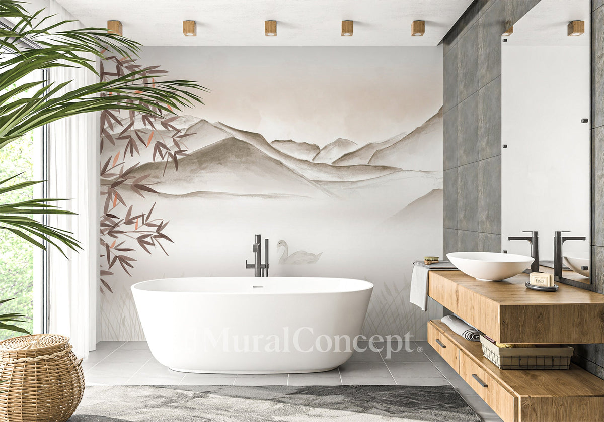 Artistic bathroom wallpaper Annecy between lake and mountain terracotta