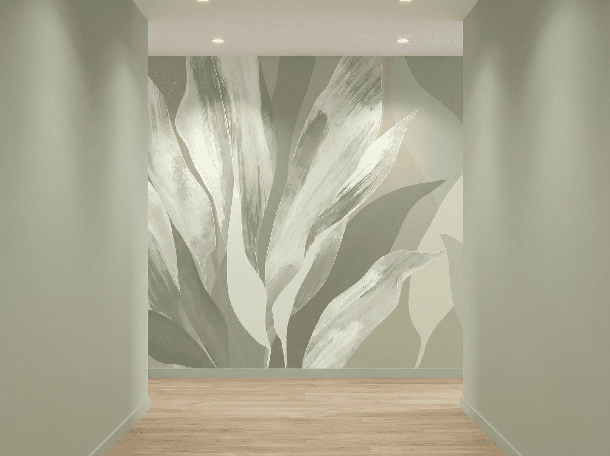 A hallway with a decorative leaf mural on the wall.