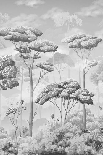 Black and white panoramic pine forest wallpaper