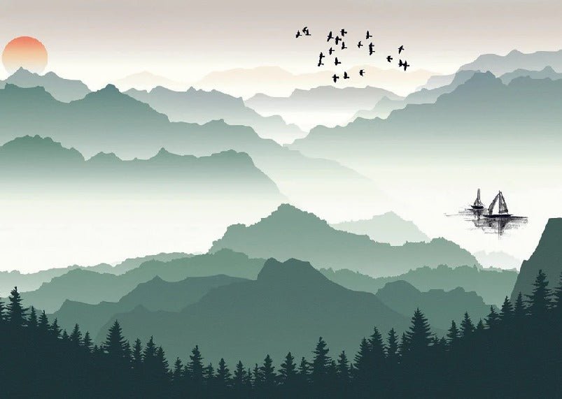 Papier peint montagne et voile sur le lac, XXL, tendance