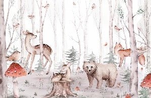 Papier peint aquarelle enfant animaux forêt, XXL, tendance
