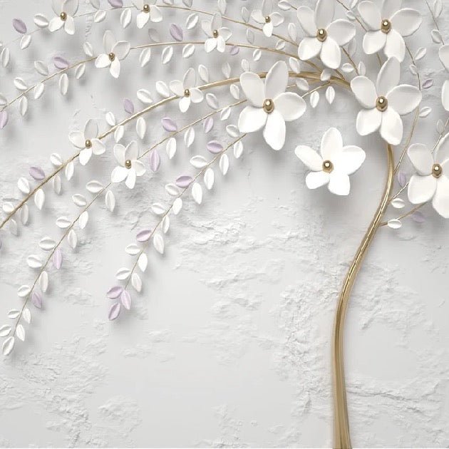 3D trompe l'oeil flowering tree panoramic wallpaper