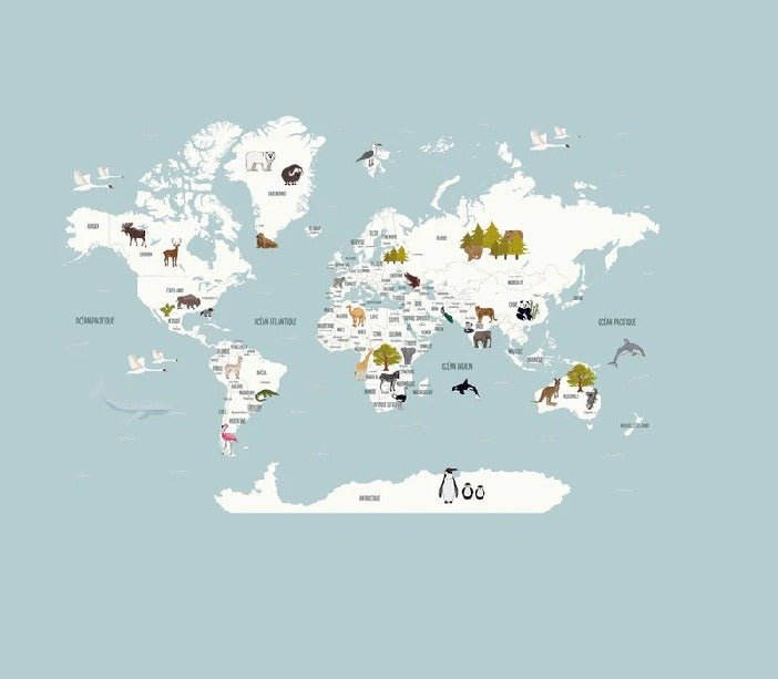 Children's map of the world in French glacier blue wallpaper