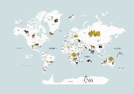 Children's map of the world in French glacier blue wallpaper