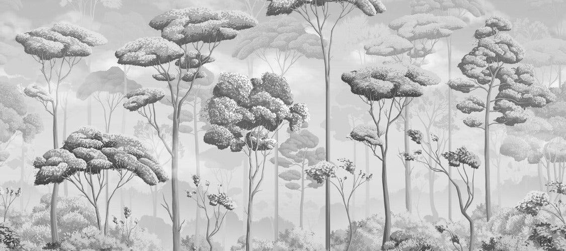 Black and white panoramic pine forest wallpaper
