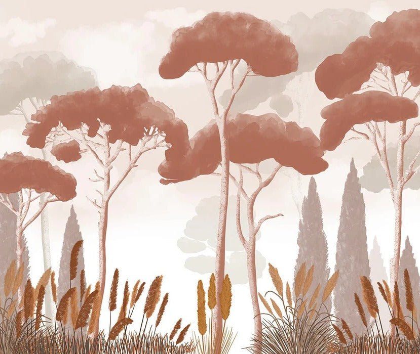 Terracotta cypress pine and pampas grass wallpaper