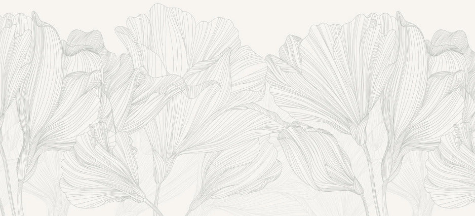 Gray and white panoramic wallpaper with floral pattern