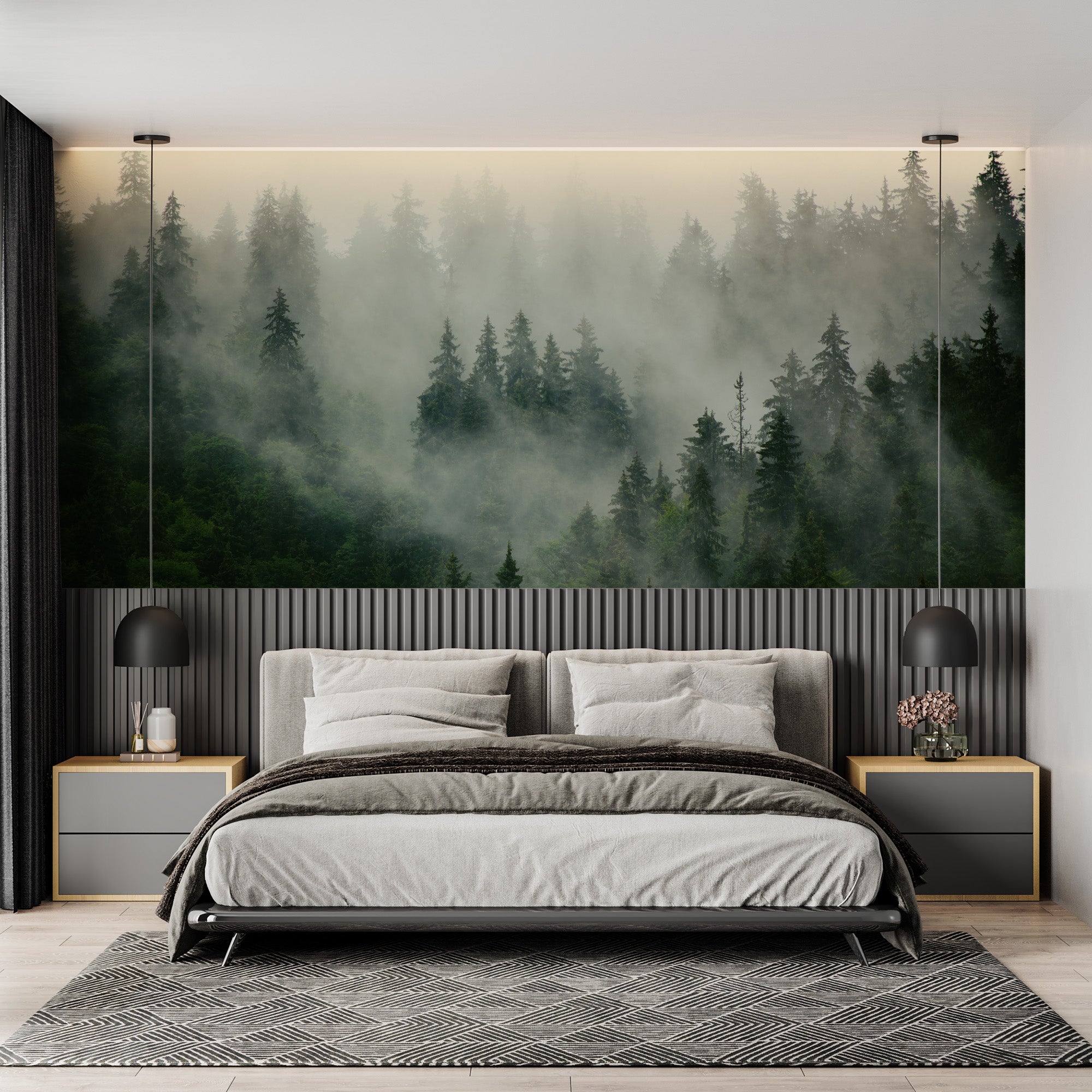 Papier peint forêt brumeuse verte, mural concept, tendance