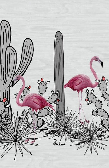 Panoramic cactus & pink flamingo wallpaper