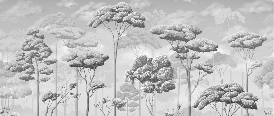 Black and white panoramic pine forest wallpaper