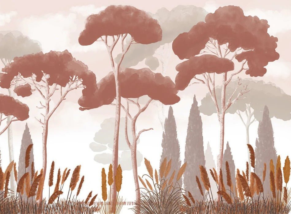 Terracotta cypress, pine and pampas grass wallpaper