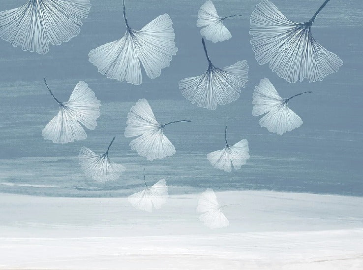 Japandi blue gingko panoramic wallpaper