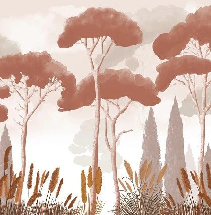 Terracotta cypress, pine and pampas grass wallpaper