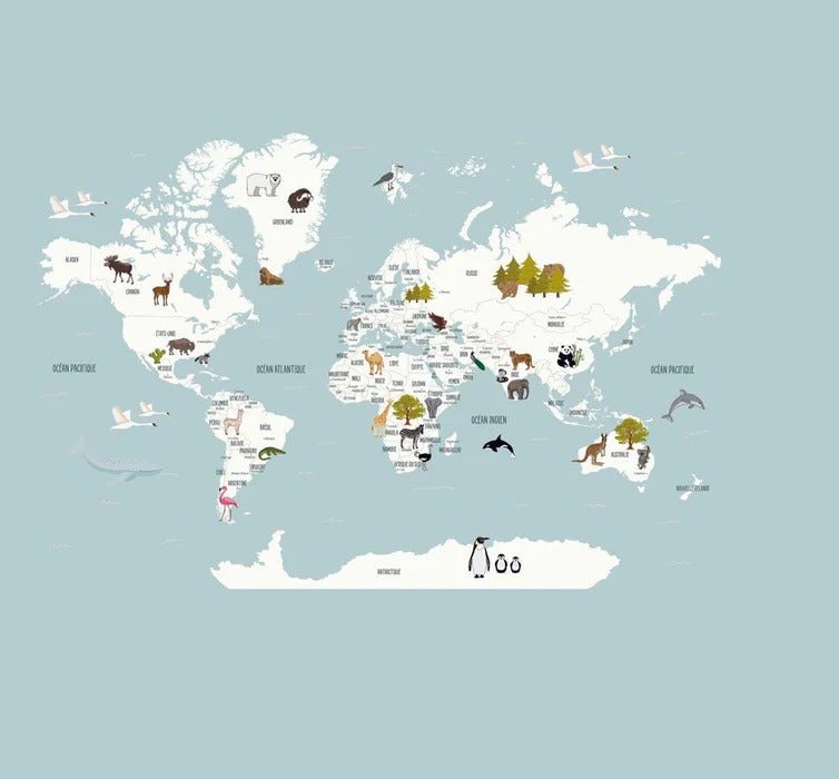 Children's map of the world in French glacier blue wallpaper