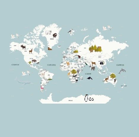 Children's map of the world in French glacier blue wallpaper