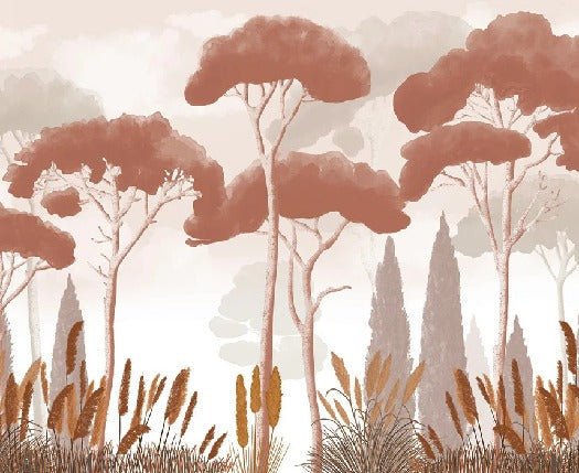 Terracotta cypress, pine and pampas grass wallpaper