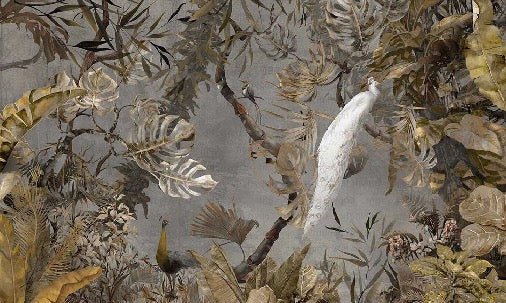 Imperial white peacock panoramic wallpaper