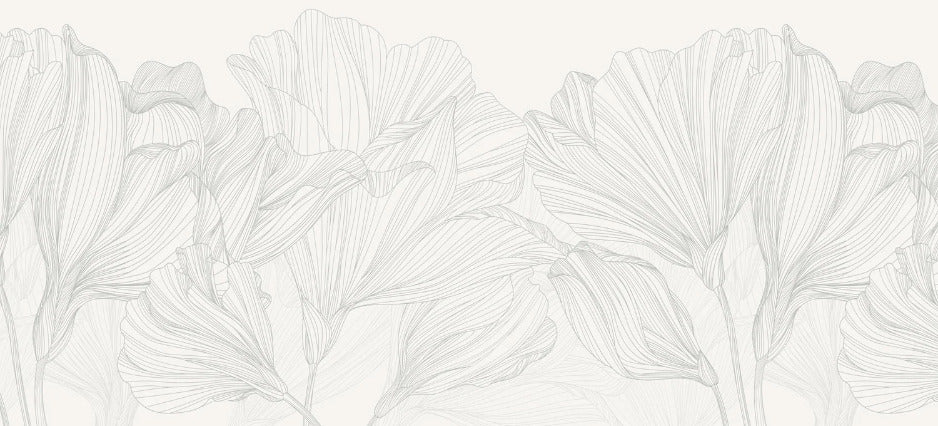 Gray and white panoramic wallpaper with floral pattern