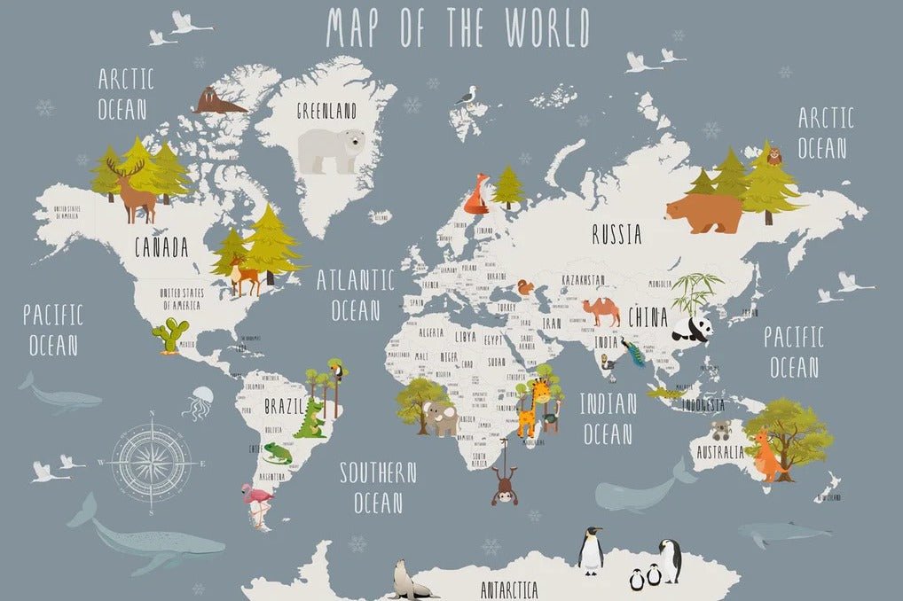 Grey animals illustrated world map wallpaper