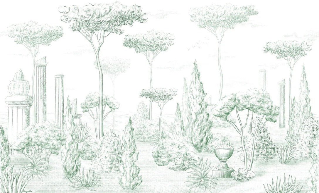 Roman style wallpaper pine forest green