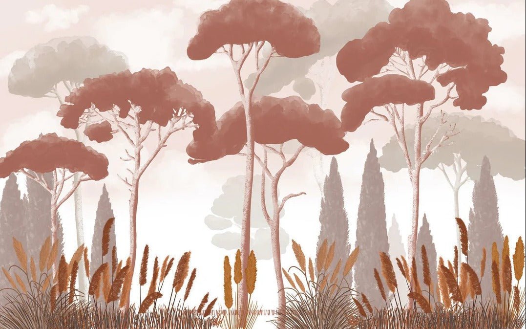 Terracotta cypress, pine and pampas grass wallpaper