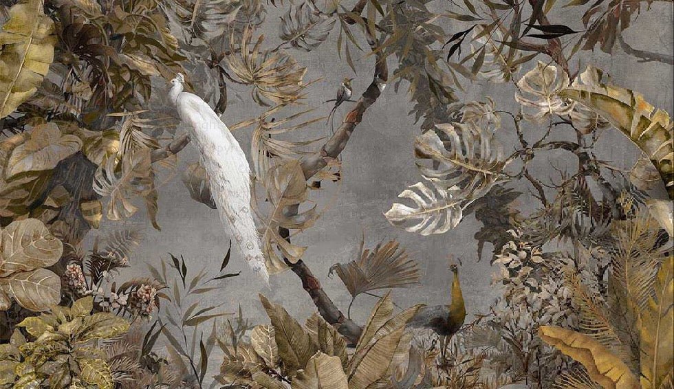 Imperial white peacock panoramic wallpaper