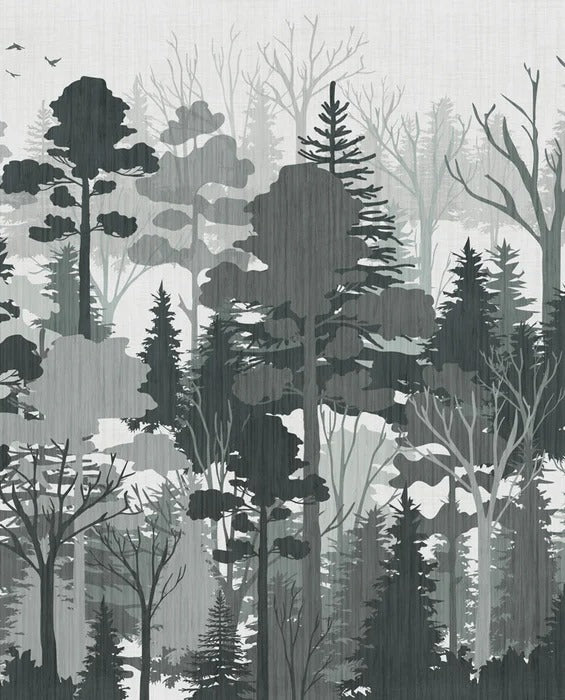 Panoramic wallpaper featuring a green forest landscape