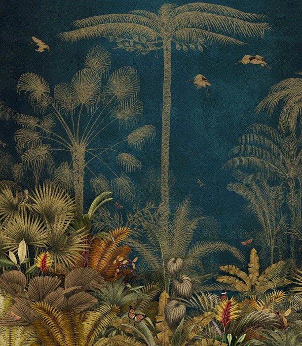 Blue jungle engraving wallpaper