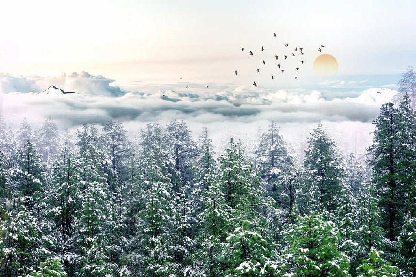 Panoramic non-woven wallpaper fir forest snow