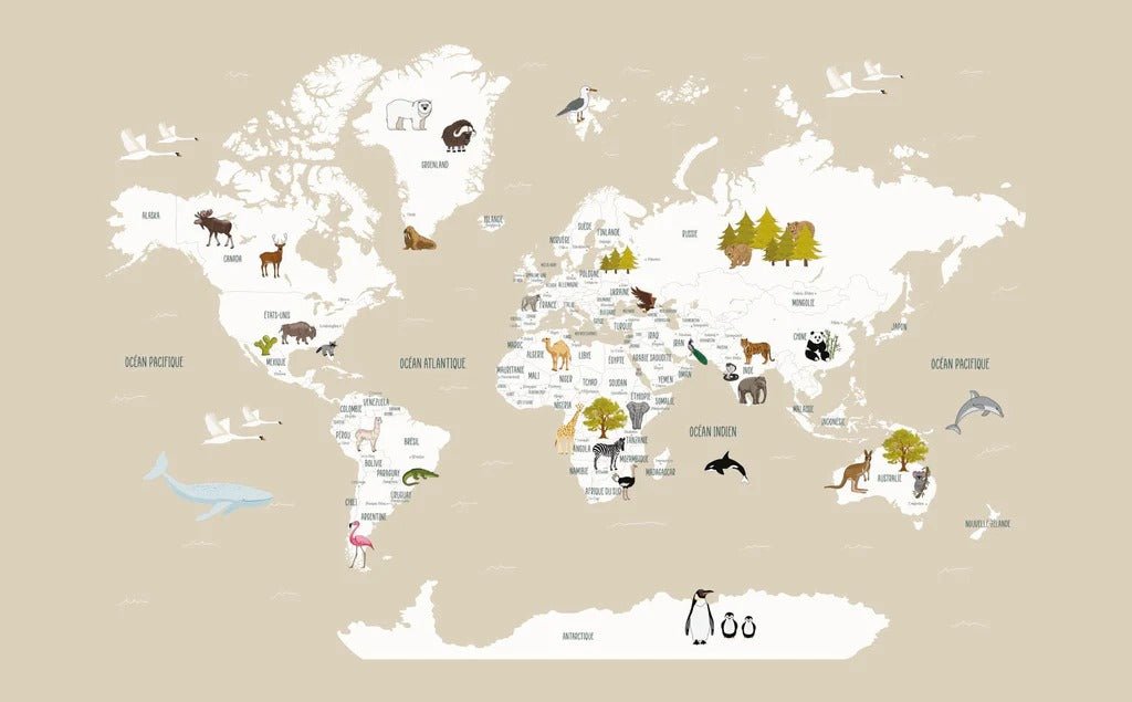Papier peint Carte du monde en Francais enfant beige, XXL, tendance