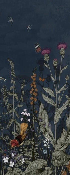 Panoramic night-blue floral wallpaper